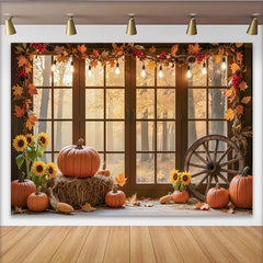 Lofaris Toile de fond photo d'automne rustique citrouilles et fenêtre, arrière-plan de récolte pour studio et décor