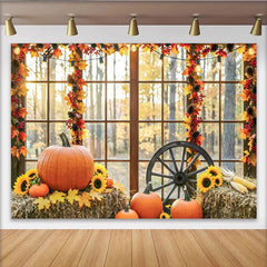 Lofaris Toile de fond d'automne rustique avec citrouilles tournesols et feuilles, magnifique décor de ferme pour séance photo et fête