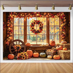 Lofaris Toile de fond automne avec citrouilles pour séance photo, superbe arrière-plan de récolte rustique avec balles de foin