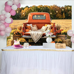 Decouvrez Toile de fond automne avec citrouilles et camion orange, magnifique arriere-plan rustique pour studio photo