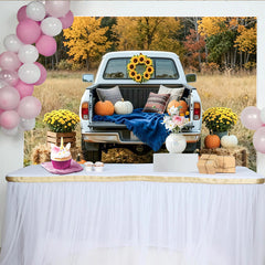 Lofaris Toile de fond automne avec camion blanc et citrouilles, décor de récolte rustique avec tournesols pour studio
