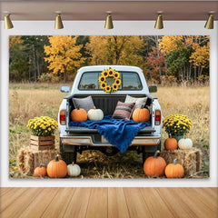 Lofaris Toile de fond automne avec camion blanc et citrouilles, décor de récolte rustique avec tournesols pour studio