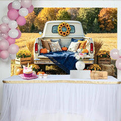 Lofaris Toile de fond automne avec citrouilles et camion blanc, magnifique arrière-plan de récolte pour studio photo