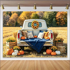 Lofaris Toile de fond automne avec citrouilles et camion blanc, magnifique arrière-plan de récolte pour studio photo