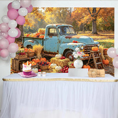 Lofaris Toile de fond automnale avec camion bleu et citrouilles, magnifique arrière-plan de récolte pour studio photo