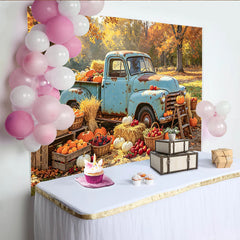 Lofaris Toile de fond automnale avec camion bleu et citrouilles, magnifique arrière-plan de récolte pour studio photo