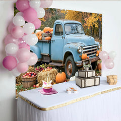 Lofaris Toile de fond automne avec citrouilles et vieux camion bleu, bel arrière-plan rustique de récolte pour studio photo