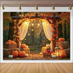 Lofaris Toile de fond d'automne rustique avec arche en bois et citrouilles, magnifique arrière-plan pour décoration de fête et séance photo