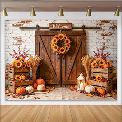 Lofaris Toile de fond automne rustique avec citrouilles et tournesols, magnifique arrière-plan de grange en bois pour studio photo