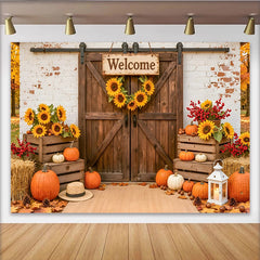 Lofaris Toile de fond d'automne rustique avec porte de grange, citrouilles et tournesols, de récolte pour studio photo et décoration
