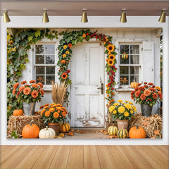 Découvrez Toile de fond de photographie automne avec citrouilles, magnifique arrière-plan de récolte rustique pour studio