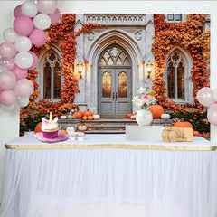 Découvrez Toile de fond de photographie automne avec citrouilles, magnifique arrière-plan de château pour studio photo