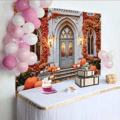 Découvrez Toile de fond de photographie automne avec citrouilles, magnifique arrière-plan de château pour studio photo