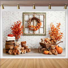 Lofaris Toile de fond de photographie automne avec ours en peluche, décor rustique de citrouilles pour studio photo