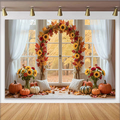 Découvrez Toile de fond automne avec citrouilles et tournesols, magnifique arrière-plan de photographie pour studio photo