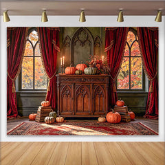 Découvrez Toile de fond de photographie automne avec citrouilles, magnifique arrière-plan gothique pour studio photo