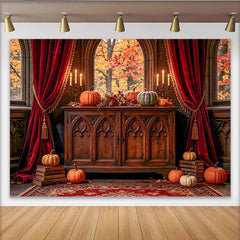 Lofaris Toile de fond d'automne avec citrouilles et rideaux velours rouge, élégant arrière-plan de saison pour studio photo et événements