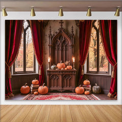 Lofaris Toile de fond d'automne gothique, citrouilles et rideaux rouges, élégant arrière-plan vintage pour photographie de saison