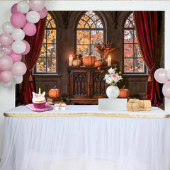 Lofaris Toile de fond pour Halloween avec citrouilles et fenetres, decor de chateau gothique pour studio photo
