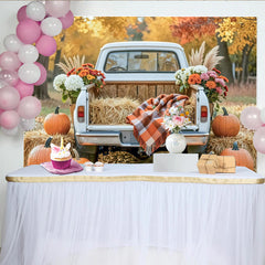 Lofaris Toile de fond automne avec citrouilles et camion blanc, decor de recolte rustique pour studio de photographie
