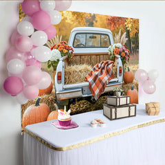 Lofaris Toile de fond automne avec citrouilles et camion blanc, decor de recolte rustique pour studio de photographie