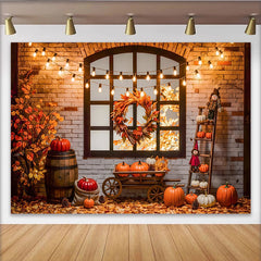 Découvrez Toile de fond de photographie automne avec citrouilles, décor rustique de mur de briques pour studio photo