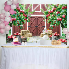 Lofaris Toile de fond de photographie verger de pommiers et grange, décor automnal rustique avec pommes rouges pour studio photo