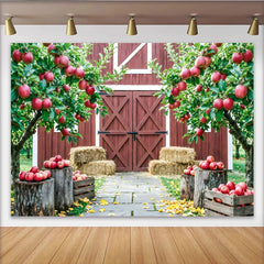 Lofaris Toile de fond de photographie verger de pommiers et grange, décor automnal rustique avec pommes rouges pour studio photo