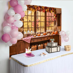 Lofaris Toile de fond de cuisine pour automne avec citrouilles, joli decor de fenetre et feuilles de erable pour studio photo