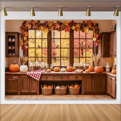 Lofaris Toile de fond de cuisine pour automne avec citrouilles, joli decor de fenetre et feuilles de erable pour studio photo