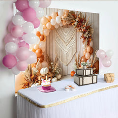 Lofaris Toile de fond de photographie automne bohème avec ballons citrouilles herbe de la pampa et macramé, élégant décor rustique