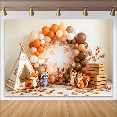 Découvrez Toile de fond de photographie animaux de la forêt en automne, joli arrière-plan avec tipi et ballons pour studio photo