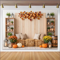 Lofaris Toile de fond de photographie d'automne rustique avec citrouilles et feuilles, arrière-plan pour studio photo et décoration de récolte