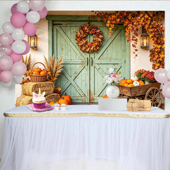 Lofaris Toile de fond d'automne rustique avec citrouilles et porte de grange, magnifique décor de récolte pour photographie