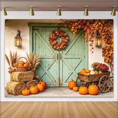 Lofaris Toile de fond d'automne rustique avec citrouilles et porte de grange, magnifique décor de récolte pour photographie
