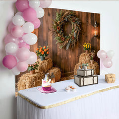 Lofaris Toile de fond de photographie rustique en bois avec bottes de foin, décor d'automne chaleureux avec lanternes et fleurs