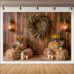 Lofaris Toile de fond de photographie rustique en bois avec bottes de foin, décor d'automne chaleureux avec lanternes et fleurs