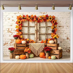 Lofaris Toile de fond d'automne pour Thanksgiving, feuilles et citrouilles, arrière-plan rustique avec fenêtre en bois pour studio photo