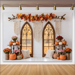 Lofaris Toile de fond d'automne rustique fenêtres cintrées citrouilles, magnifique décor de saison pour studio photo et événements