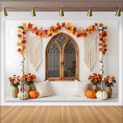 Lofaris Toile de fond d'automne avec fenêtre rustique, feuilles d'érable et citrouilles, magnifique décor de saison pour studio photo et fête