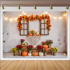 Lofaris Toile de fond d'automne avec citrouilles et fenêtres rustiques, feuilles d'automne, tournesols et lumières pour studio photo