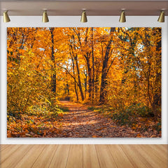 Lofaris Toile de fond de photographie d'automne avec chemin forestier et feuilles orange vif, magnifique arrière-plan de scène naturelle
