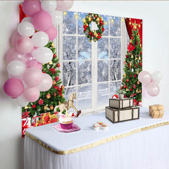 Lofaris Toile de fond de Noël avec sapins décorés, cadeaux et fenêtre enneigée, magnifique décor de fête pour studio photo hivernal