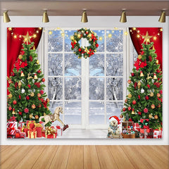Lofaris Toile de fond de Noël avec sapins décorés, cadeaux et fenêtre enneigée, magnifique décor de fête pour studio photo hivernal