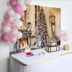 Lofaris Toile de fond de Noël avec sapin enneigé et lumières scintillantes, cheminée élégante et décor de paysage hivernal pour studio photo