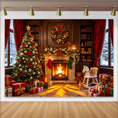 Lofaris Toile de fond de Noël cheminée et sapin décoré avec cadeaux, magnifique arrière-plan festif pour studio photo d'hiver