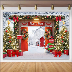 Lofaris Toile de fond de Noël pôle Nord enneigé avec sapins et lumières, magnifique décor de fête hivernale pour studio photo