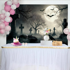 Lofaris Toile de fond d'Halloween cimetière lune chauves-souris, brumeuse avec corbeau pour décor de fête effrayant