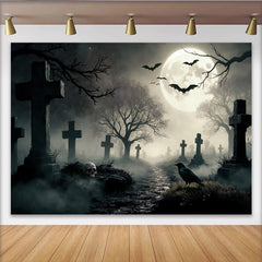 Lofaris Toile de fond d'Halloween cimetière lune chauves-souris, brumeuse avec corbeau pour décor de fête effrayant
