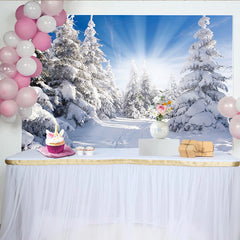 Lofaris Toile de fond de photographie paysage hivernal avec arbres enneigés et soleil éclatant, lumineux pour studio photo et décor de saison